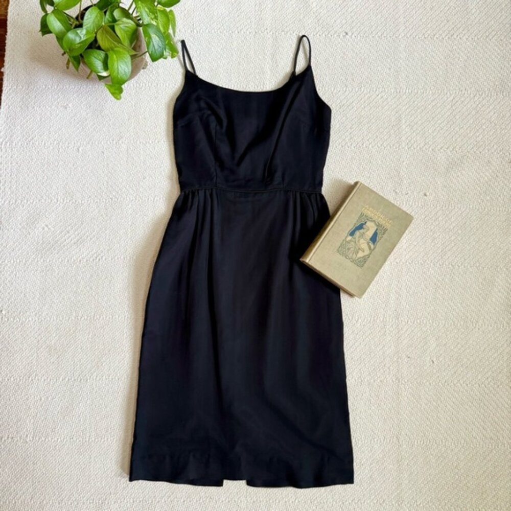 1950s Chiffon Shin Length Spaghetti Strap Black Dress